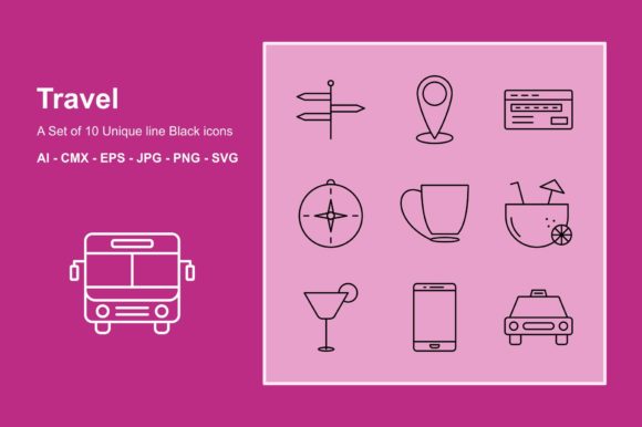 Travel Line Black Icon Set: Clean Graphics & Icons for Crafters